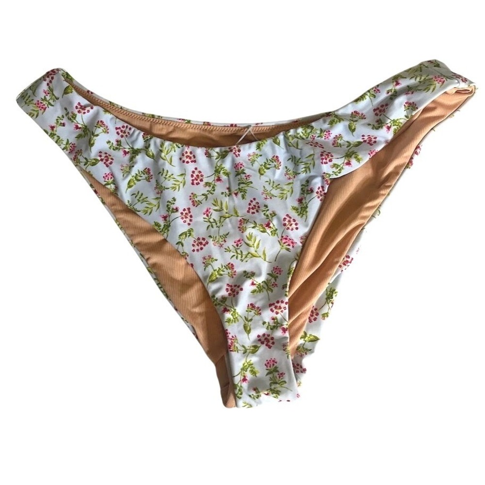J Crew Blue Floral Mid Rise Curved-Waist‎ Cheeky Bikini Bottom Size Large NWT